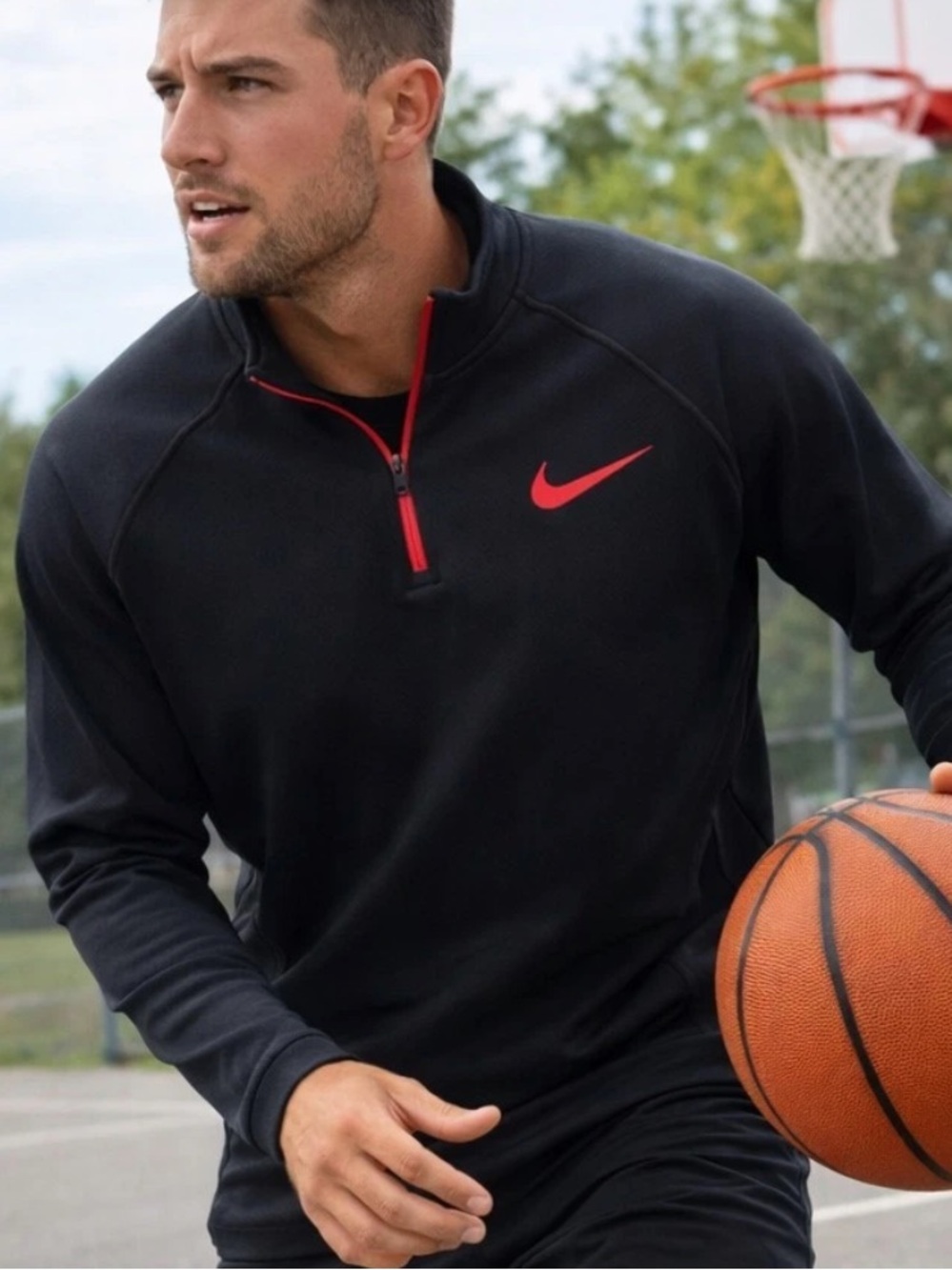 Nike Black Thermal Fit Quarter Zip Pullover with Red Swoosh - Picture 3 of 4